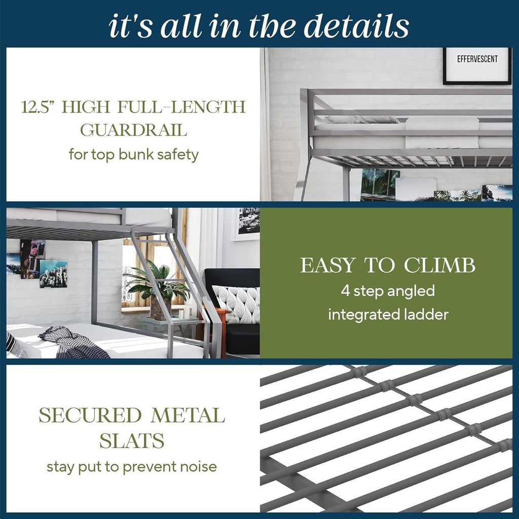 Novogratz Maxwell Metal Bunk Bed Frame for Kids and Teens, with Angled Ladder, High Guardrail and Metal Slats, No Boxspring Required, Underbed Storage Space, Twin-Over-Full, Gray - Grand Goldman