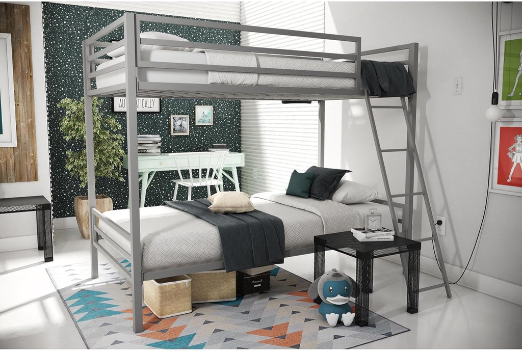 Novogratz Maxwell Metal Bunk Bed Frame for Kids and Teens, with Angled Ladder, High Guardrail and Metal Slats, No Boxspring Required, Underbed Storage Space, Twin-Over-Full, Gray - Grand Goldman