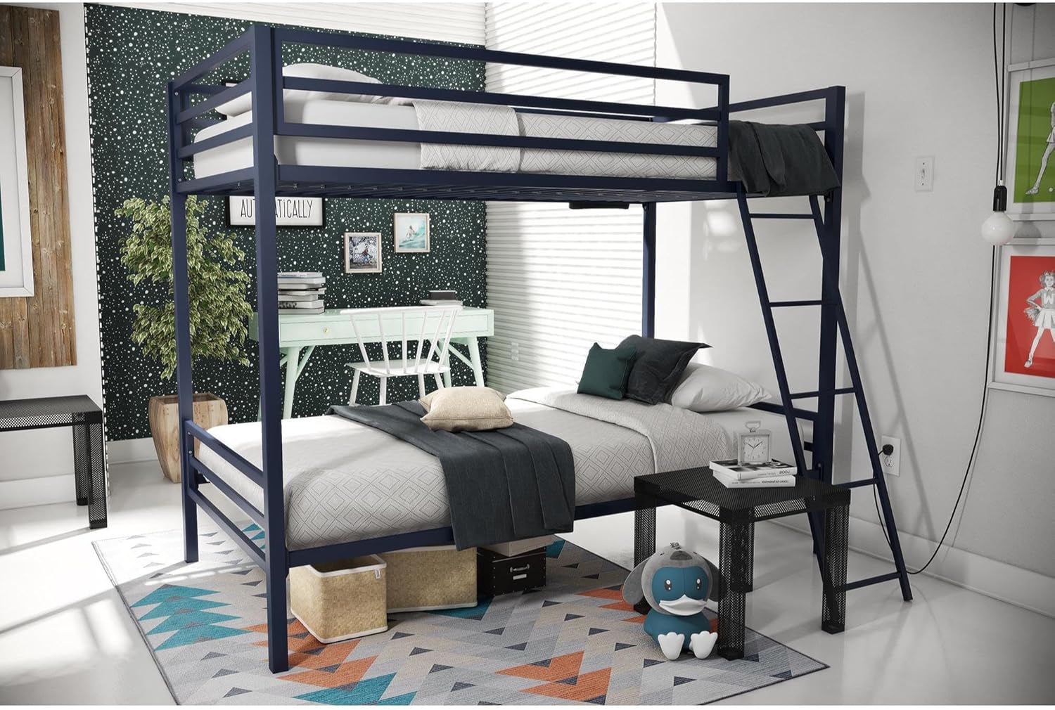 Novogratz Maxwell Metal Bunk Bed Frame for Kids and Teens, with Angled Ladder, High Guardrail and Metal Slats, No Boxspring Required, Underbed Storage Space, Twin-Over-Full, Gray - Grand Goldman