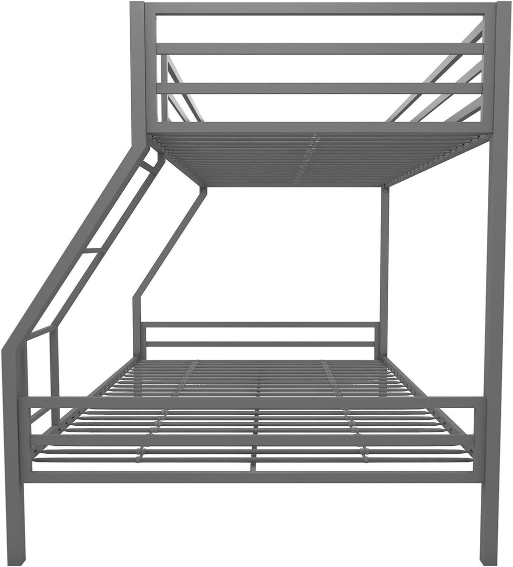 Novogratz Maxwell Metal Bunk Bed Frame for Kids and Teens, with Angled Ladder, High Guardrail and Metal Slats, No Boxspring Required, Underbed Storage Space, Twin-Over-Full, Gray - Grand Goldman