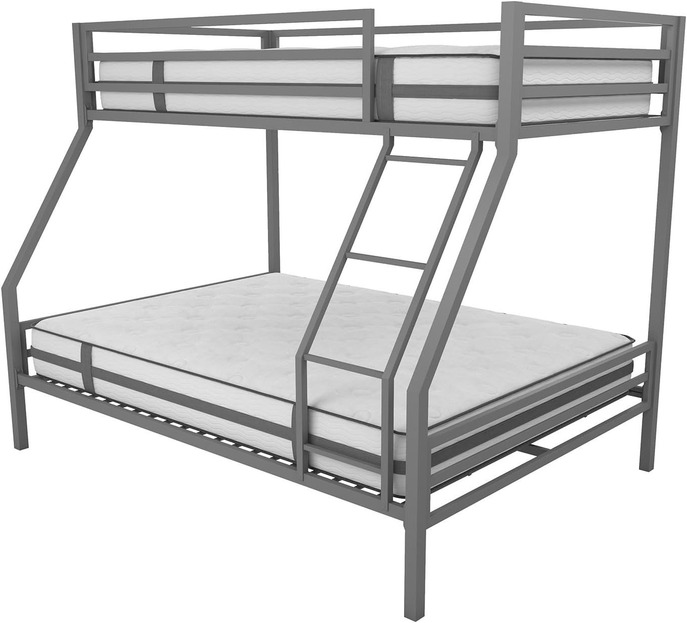 Novogratz Maxwell Metal Bunk Bed Frame for Kids and Teens, with Angled Ladder, High Guardrail and Metal Slats, No Boxspring Required, Underbed Storage Space, Twin-Over-Full, Gray - Grand Goldman