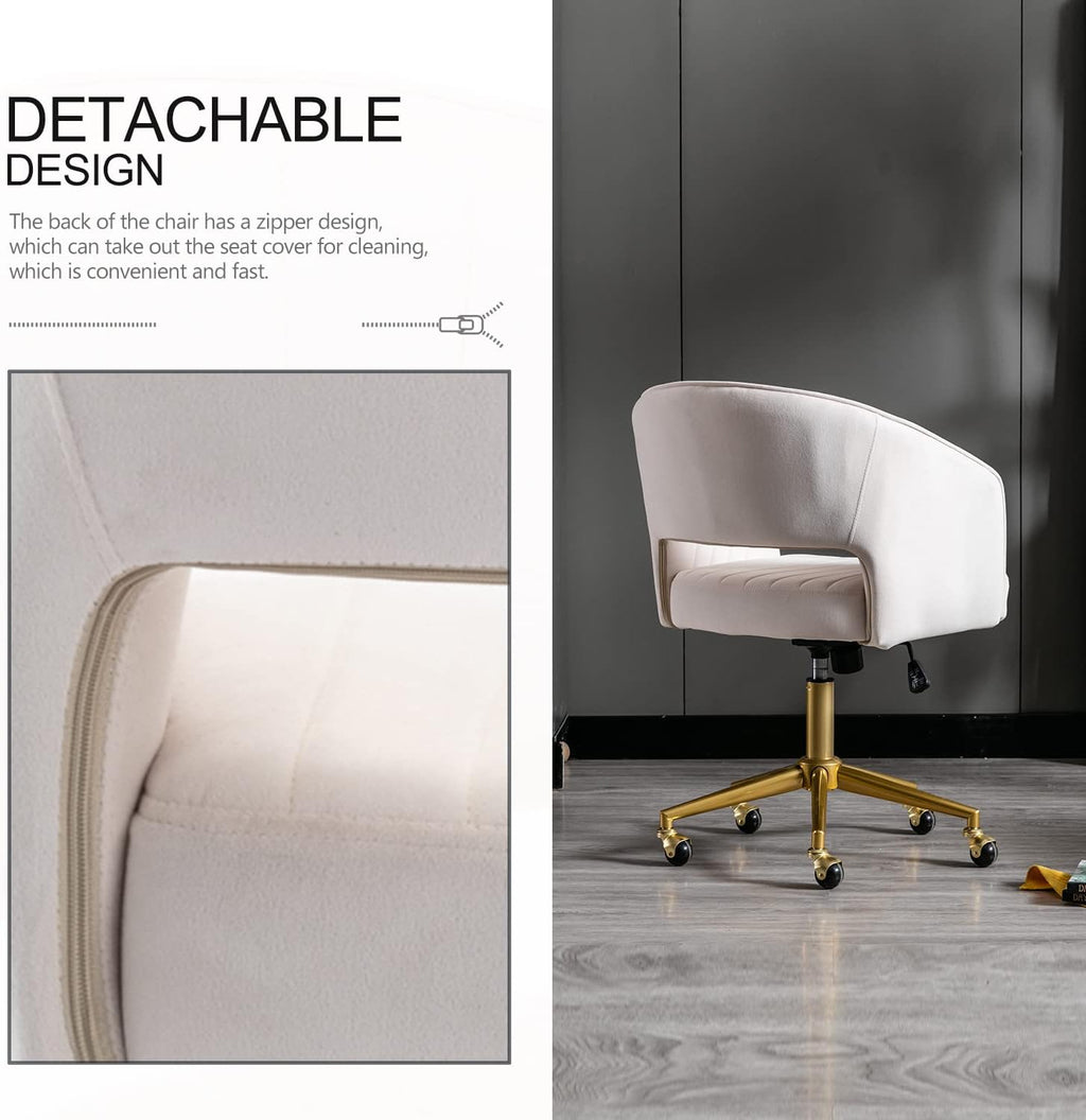 Nrizc Velvet Office Desk Chair, Upholstered Home Office Desk Chairs with Adjustable Swivel Wheels, Ergonomic Office Chair for Living Room, Bedroom, Office, Vanity Study (Beige) - Grand Goldman