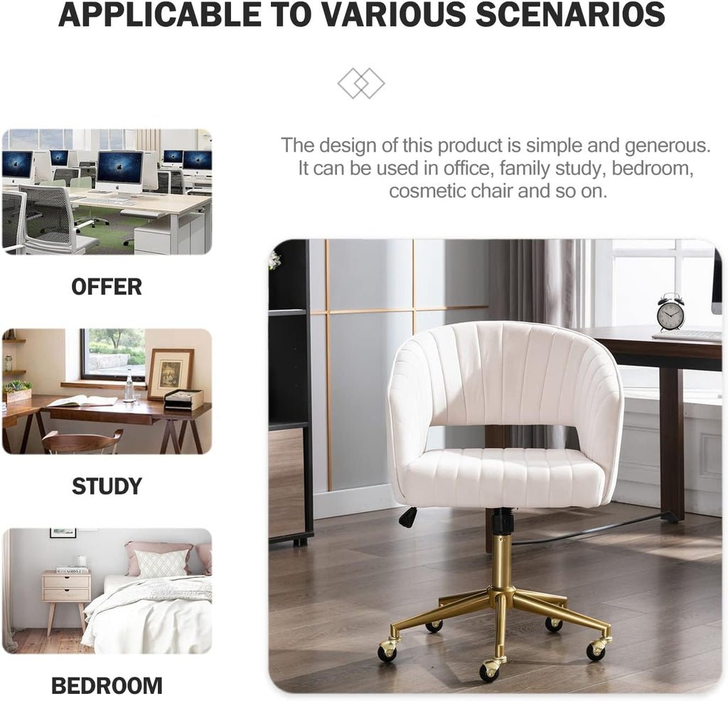 Nrizc Velvet Office Desk Chair, Upholstered Home Office Desk Chairs with Adjustable Swivel Wheels, Ergonomic Office Chair for Living Room, Bedroom, Office, Vanity Study (Beige) - Grand Goldman