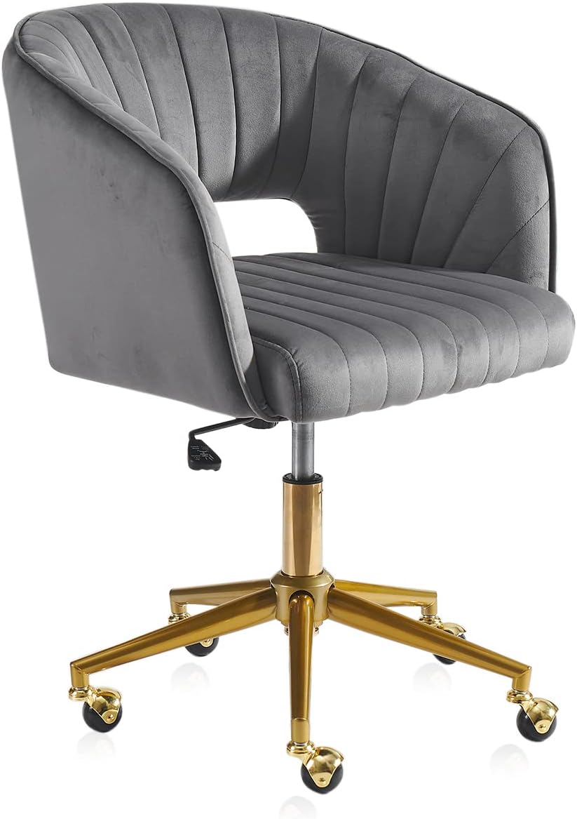 Nrizc Velvet Office Desk Chair, Upholstered Home Office Desk Chairs with Adjustable Swivel Wheels, Ergonomic Office Chair for Living Room, Bedroom, Office, Vanity Study (Beige) - Grand Goldman