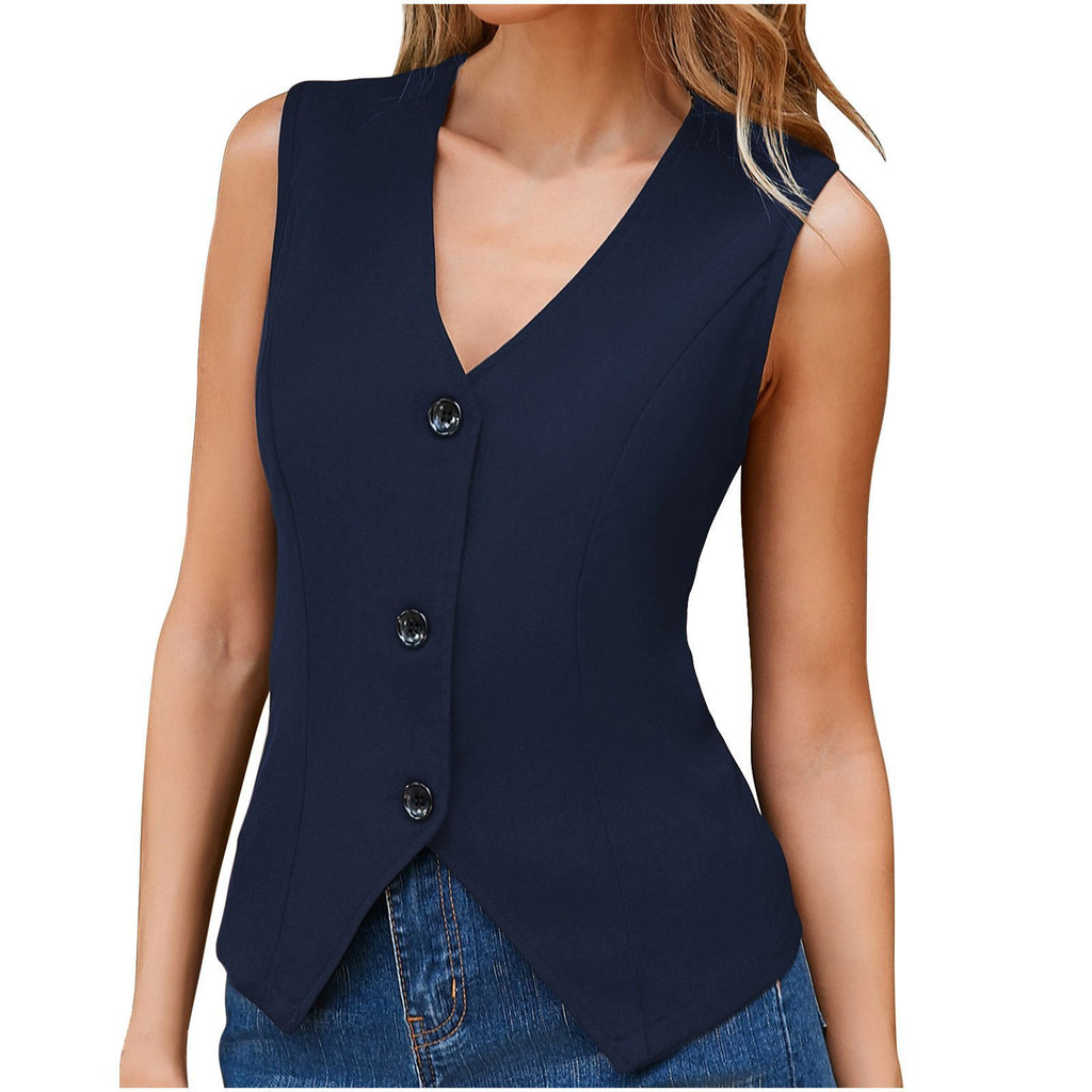 Front Buckle V-shaped Hem Solid Front Lapel Back Strap Elegant Fashion Tops