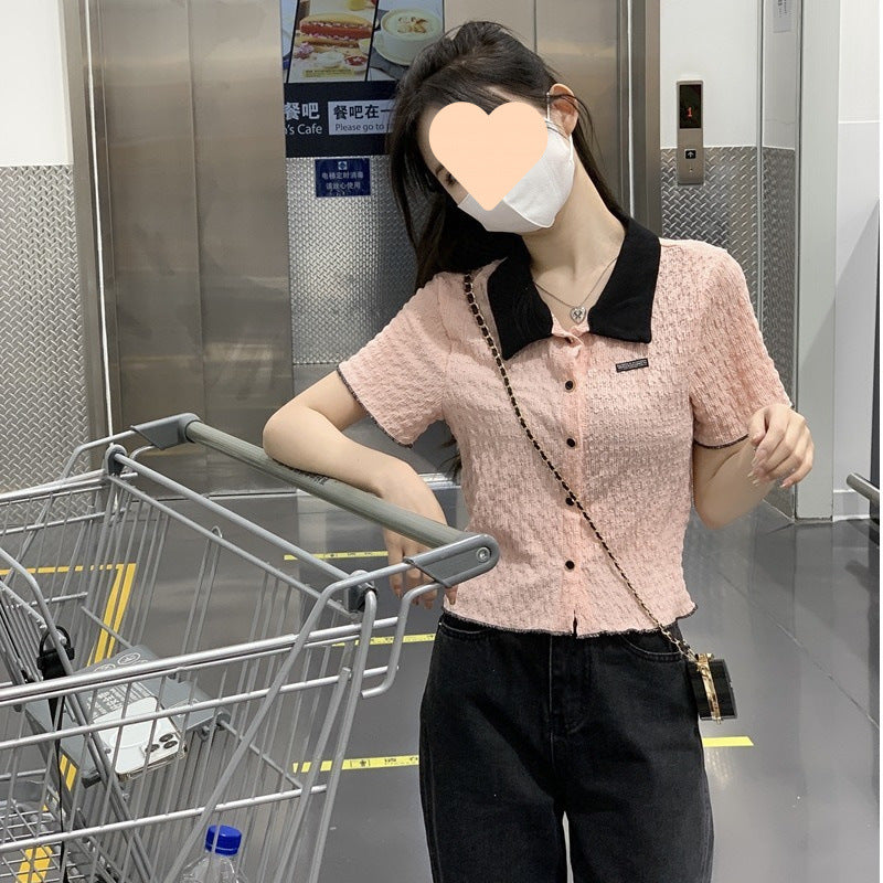 New Contrast Color Short Sleeve Shirt For Women