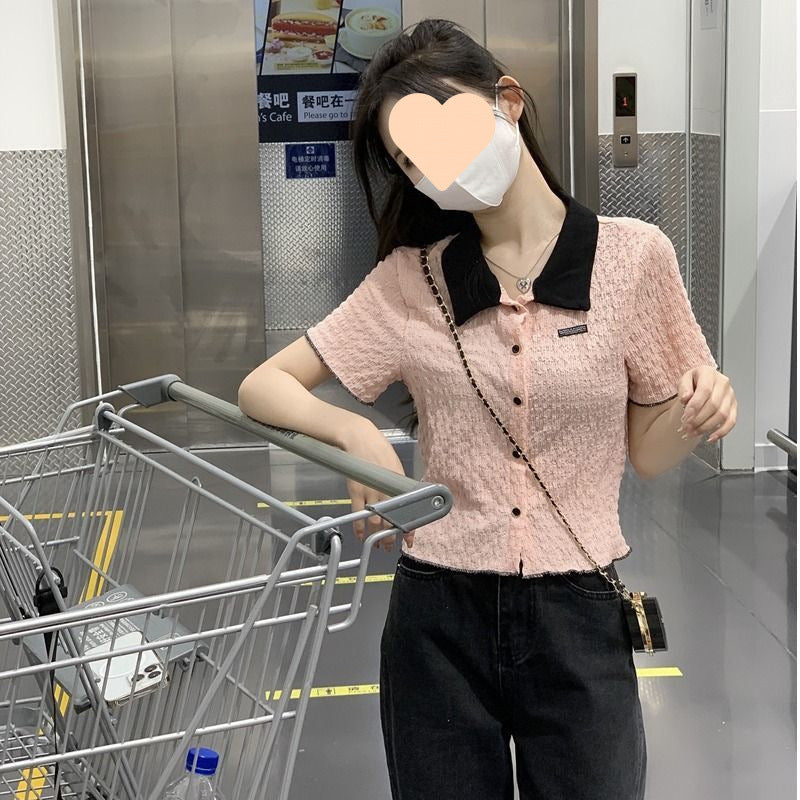 New Contrast Color Short Sleeve Shirt For Women