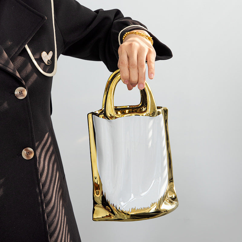 Art Deco Gold Ceramic Vase with Platinum White Accent