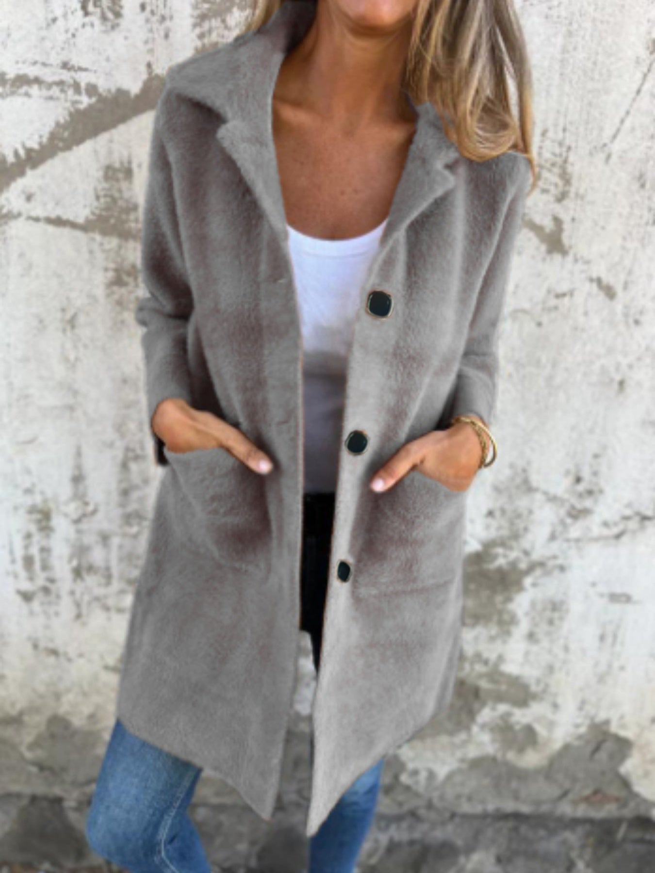 Single-breasted Polo Collar Pocket Mid-length Coat