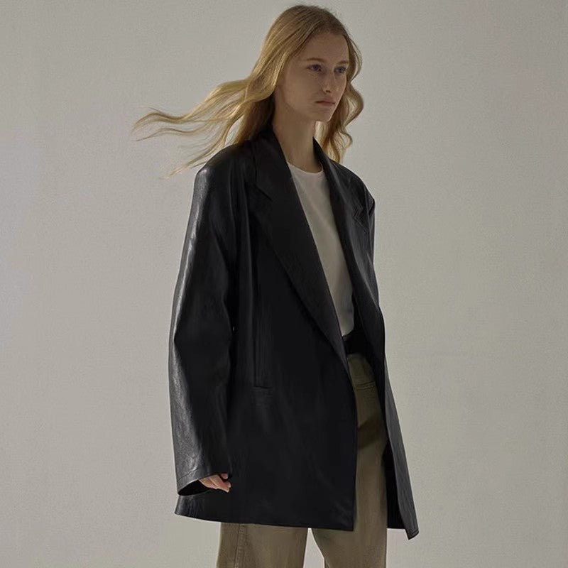 Women's Loose Mid-length Niche Suit Leather Coat