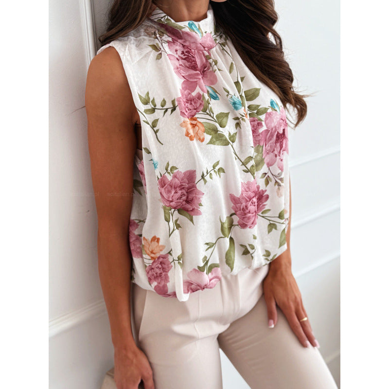 Summer Fashion Commuter Sleeveless Printed Strap Off-the-shoulder Shirt For Women
