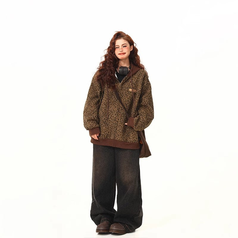 Retro Hooded Zipper Leopard Print Men's And Women's Jacket