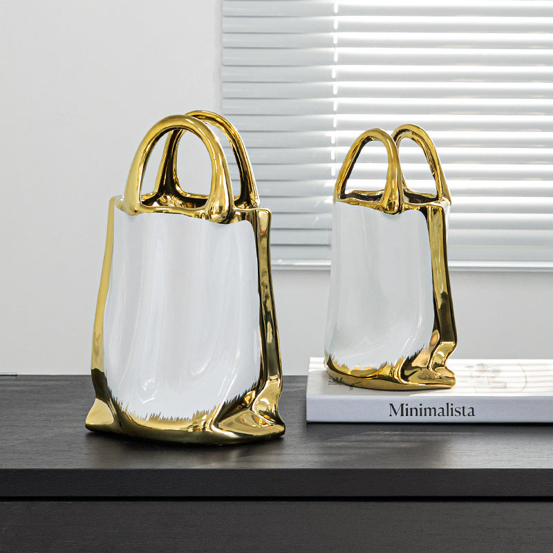 Art Deco Gold Ceramic Vase with Platinum White Accent