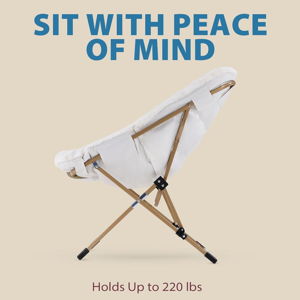 OAKHAM Comfy Saucer Chair for Adults, Soft Faux Fur Folding Lounge Chair for Bedroom Living Room Dorm Rooms Flexible Reading Chair for Teens Kids, X-Large Foldable Chair (Faux Fur-White) - Grand Goldman