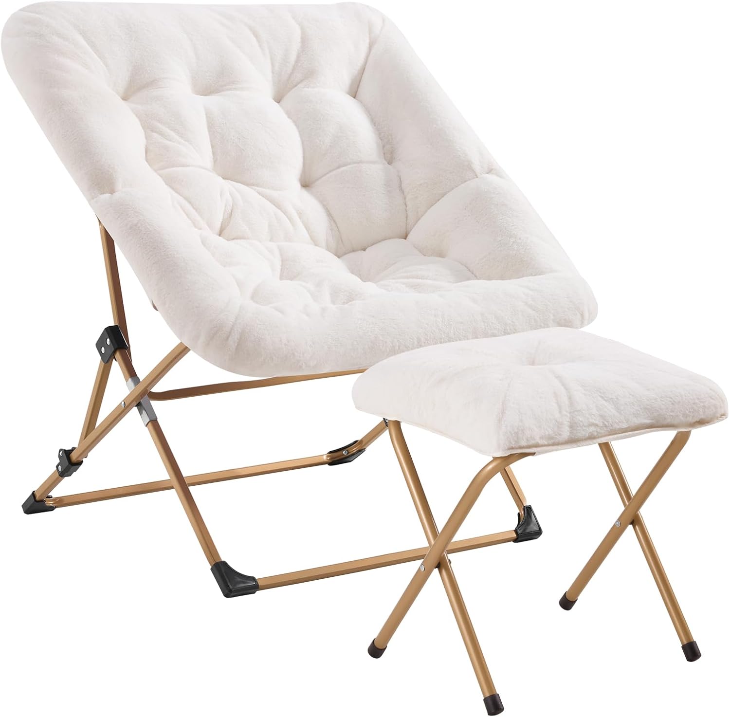 OAKHAM Comfy Saucer Chair for Adults, Soft Faux Fur Folding Lounge Chair for Bedroom Living Room Dorm Rooms Flexible Reading Chair for Teens Kids, X-Large Foldable Chair (Faux Fur-White) - Grand Goldman