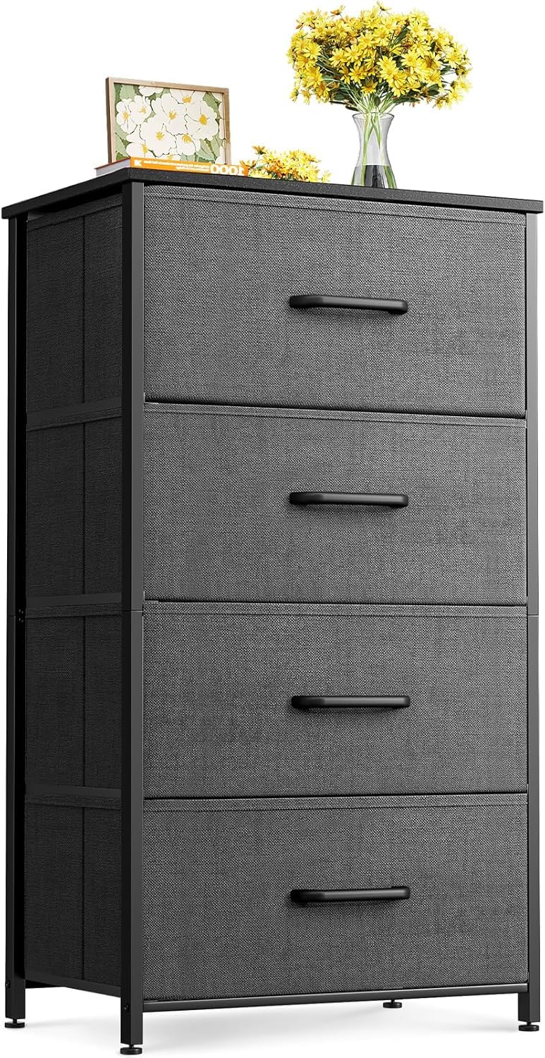 ODK Dresser for Bedroom with 4 Storage Drawers, Small Dresser Chest of Drawers Fabric Dresser with Sturdy Steel Frame, Dresser for Closet with Wood Top, Black - Grand Goldman