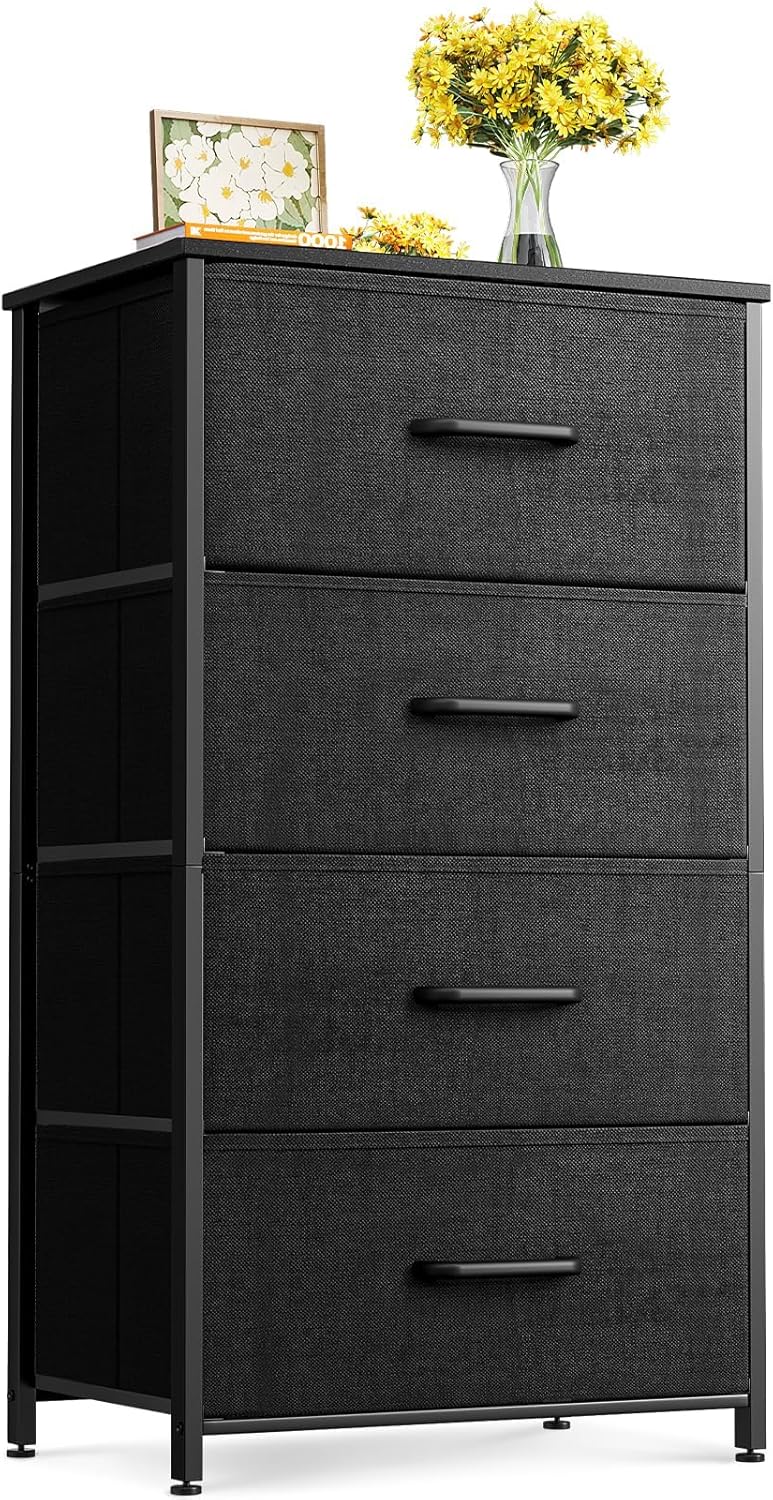 ODK Dresser for Bedroom with 4 Storage Drawers, Small Dresser Chest of Drawers Fabric Dresser with Sturdy Steel Frame, Dresser for Closet with Wood Top, Black - Grand Goldman