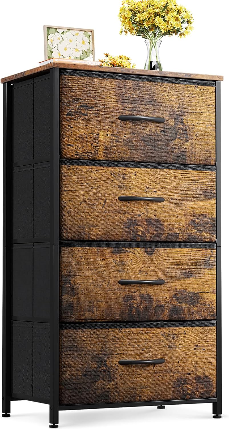 ODK Dresser for Bedroom with 4 Storage Drawers, Small Dresser Chest of Drawers Fabric Dresser with Sturdy Steel Frame, Dresser for Closet with Wood Top, Black - Grand Goldman