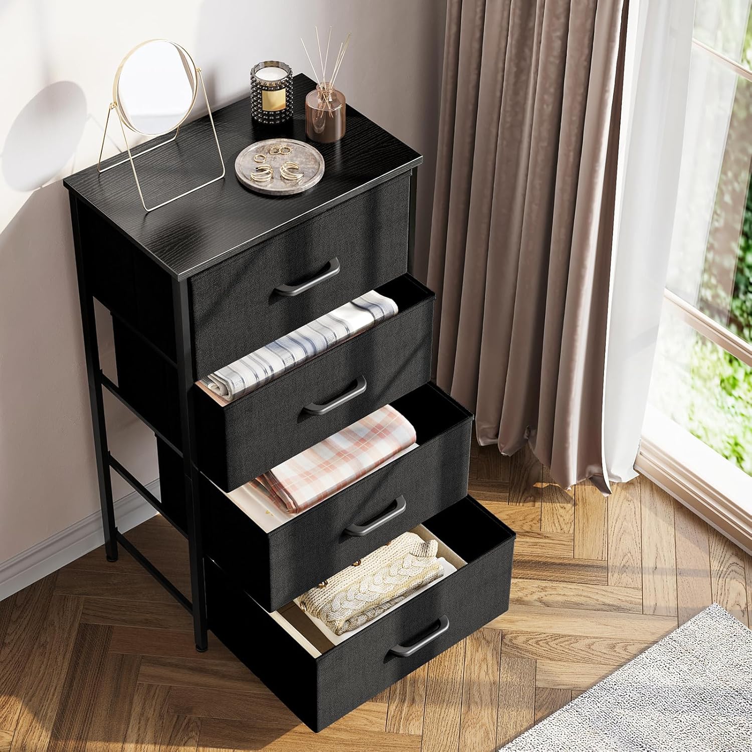 ODK Dresser for Bedroom with 4 Storage Drawers, Small Dresser Chest of Drawers Fabric Dresser with Sturdy Steel Frame, Dresser for Closet with Wood Top, Black - Grand Goldman