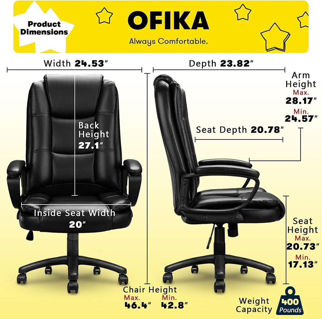OFIKA Home Office Chair, 400LBS Big and Tall Chair Heavy Duty Design, Ergonomic High Back Cushion Lumbar Back Support, Computer Desk Chair, Adjustable Executive Leather Chair with Armrest - Grand Goldman