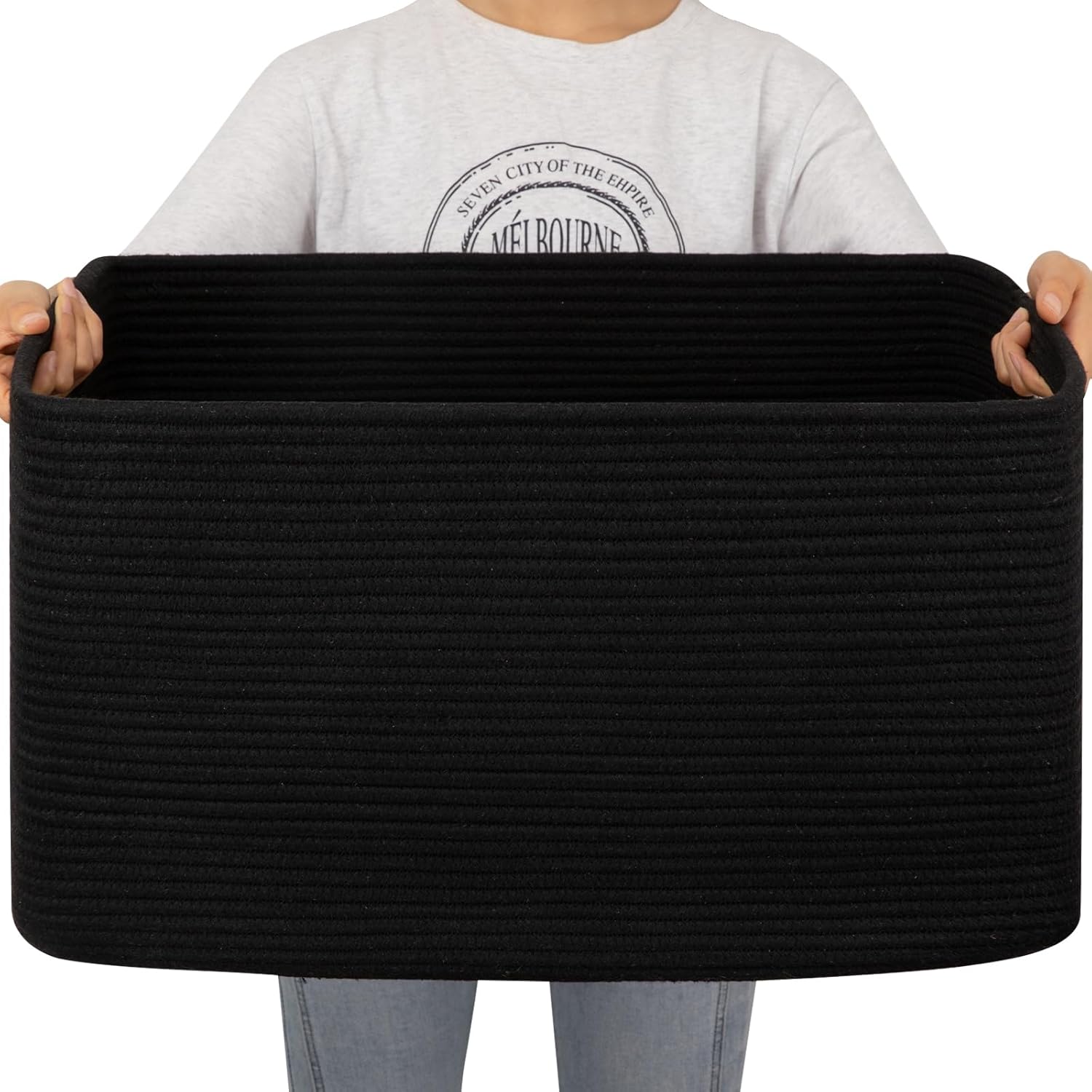 OIAHOMY 75L Large Blanket Basket, Woven Blanket Storage Basket with Handle, Cotton Rope Basket for Organizing 22”x17”x12”, Blanket Basket living Room, Toy Basket for Nursery, Brown variegated - Grand Goldman