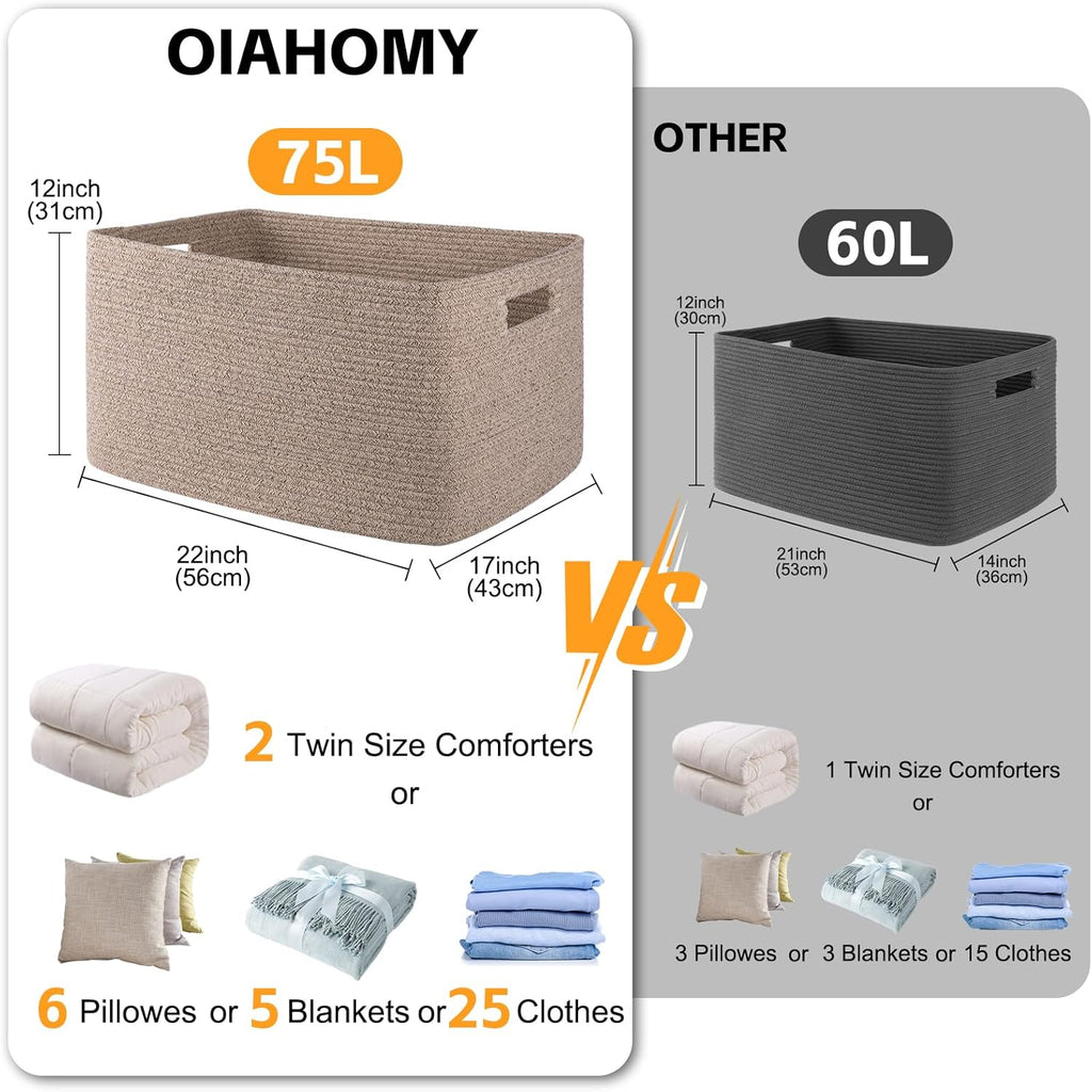 OIAHOMY 75L Large Blanket Basket, Woven Blanket Storage Basket with Handle, Cotton Rope Basket for Organizing 22”x17”x12”, Blanket Basket living Room, Toy Basket for Nursery, Brown variegated - Grand Goldman