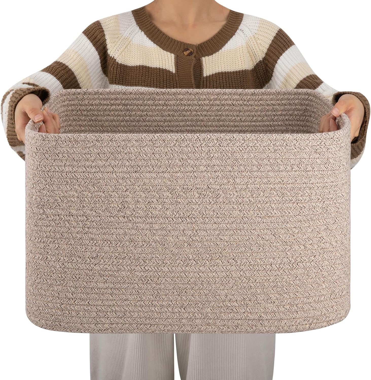 OIAHOMY 75L Large Blanket Basket, Woven Blanket Storage Basket with Handle, Cotton Rope Basket for Organizing 22”x17”x12”, Blanket Basket living Room, Toy Basket for Nursery, Brown variegated - Grand Goldman