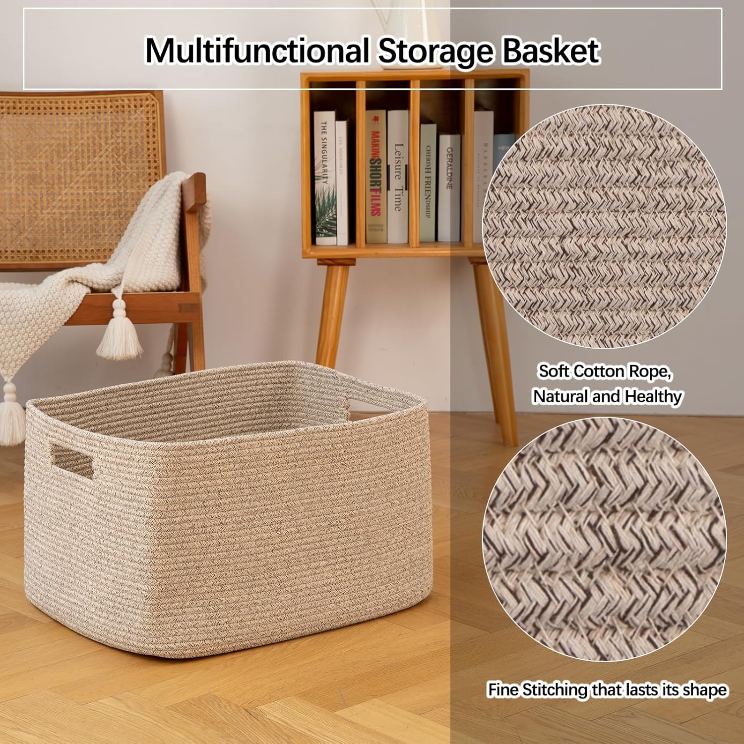 OIAHOMY 75L Large Blanket Basket, Woven Blanket Storage Basket with Handle, Cotton Rope Basket for Organizing 22”x17”x12”, Blanket Basket living Room, Toy Basket for Nursery, Brown variegated - Grand Goldman