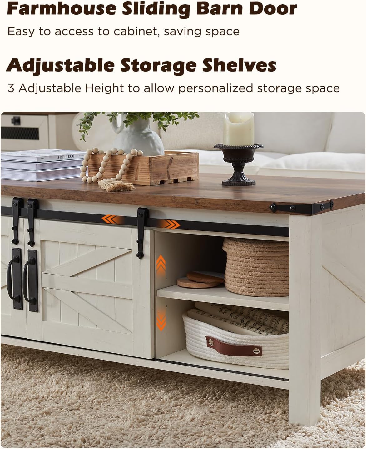 OKD 48" Farmhouse Lift Top Coffee Table with Sliding Barn Door,Rustic Center Table with Hidden Storage Compartment,Lifting Tabletop and Adjustable Shelf for Living Room,Office,Antique White - Grand Goldman