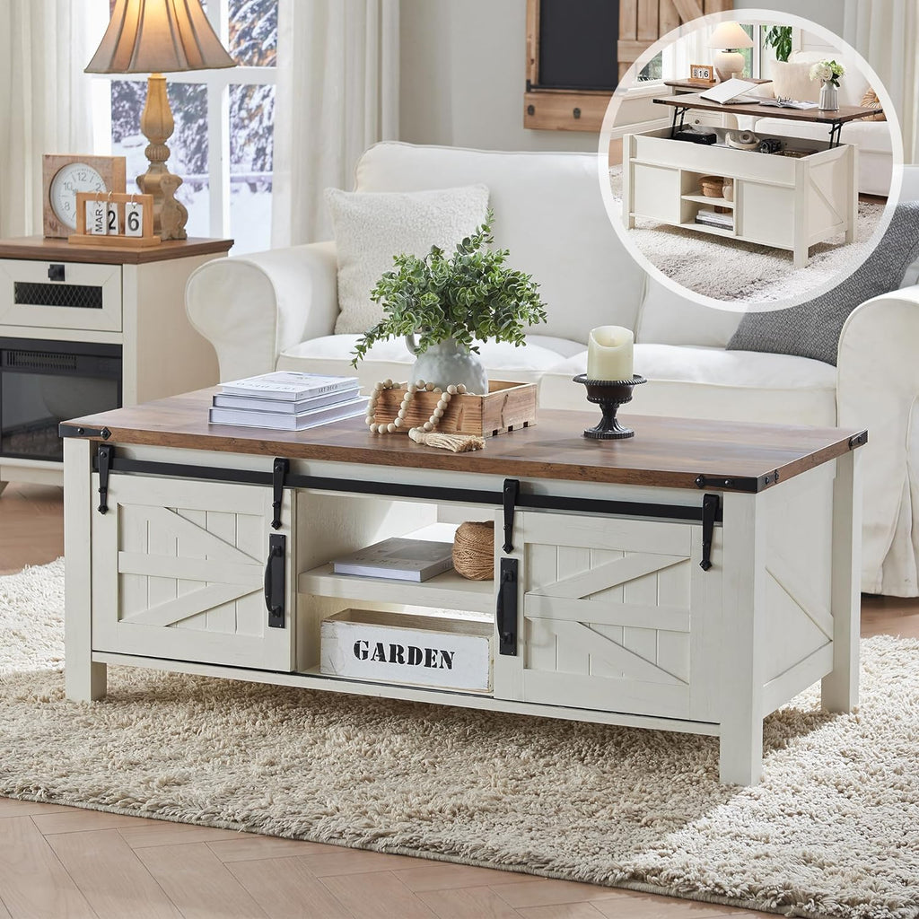OKD 48" Farmhouse Lift Top Coffee Table with Sliding Barn Door,Rustic Center Table with Hidden Storage Compartment,Lifting Tabletop and Adjustable Shelf for Living Room,Office,Antique White - Grand Goldman