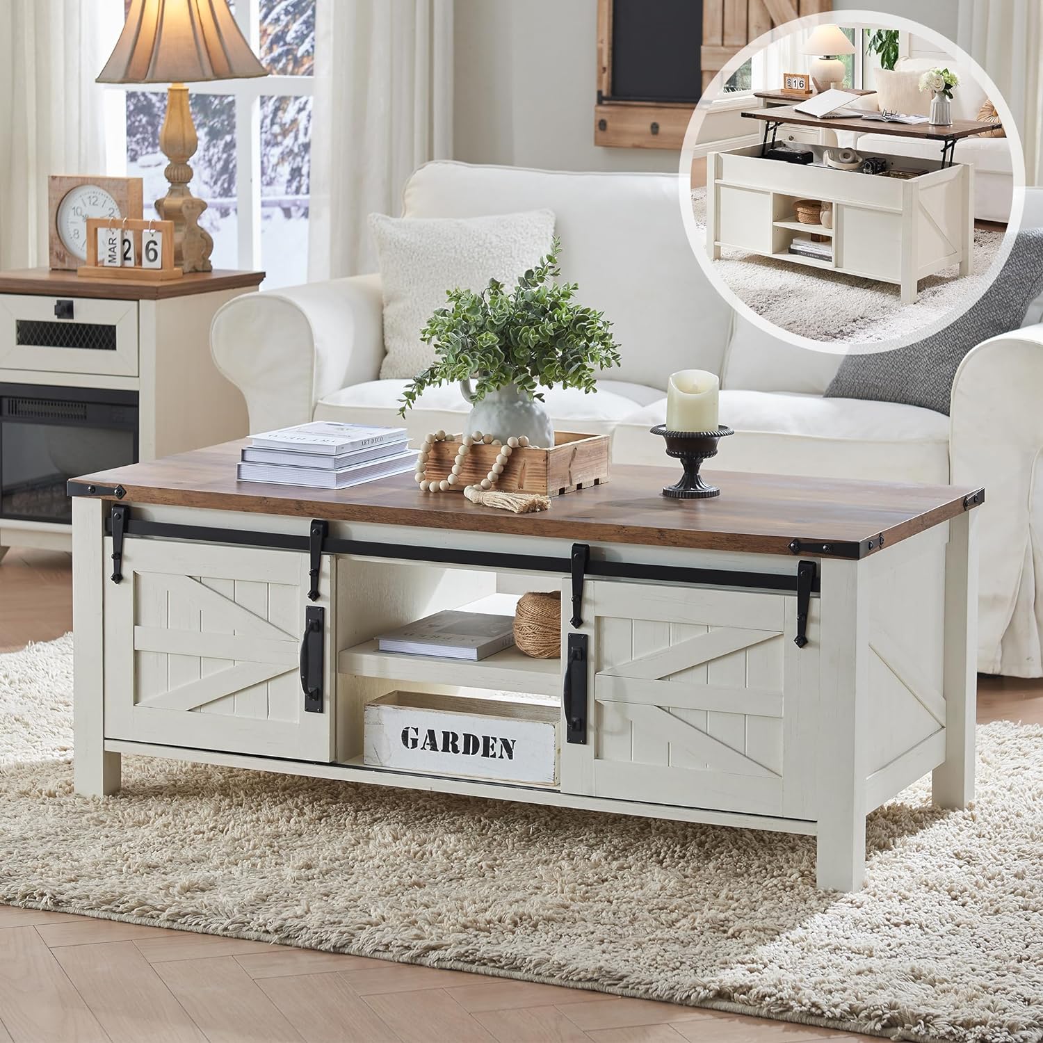 OKD 48" Farmhouse Lift Top Coffee Table with Sliding Barn Door,Rustic Center Table with Hidden Storage Compartment,Lifting Tabletop and Adjustable Shelf for Living Room,Office,Antique White - Grand Goldman