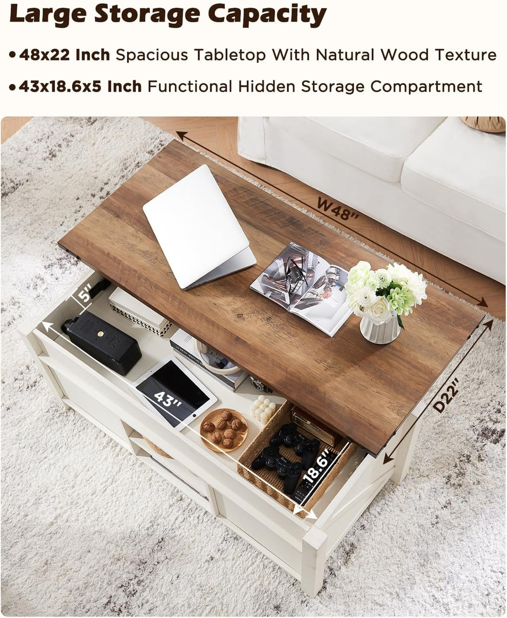 OKD 48" Farmhouse Lift Top Coffee Table with Sliding Barn Door,Rustic Center Table with Hidden Storage Compartment,Lifting Tabletop and Adjustable Shelf for Living Room,Office,Antique White - Grand Goldman