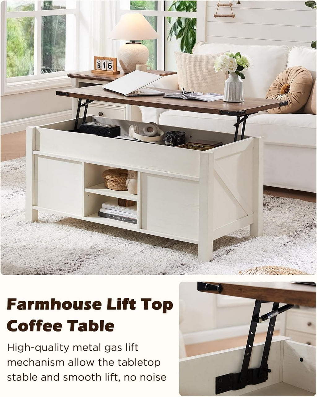 OKD 48" Farmhouse Lift Top Coffee Table with Sliding Barn Door,Rustic Center Table with Hidden Storage Compartment,Lifting Tabletop and Adjustable Shelf for Living Room,Office,Antique White - Grand Goldman