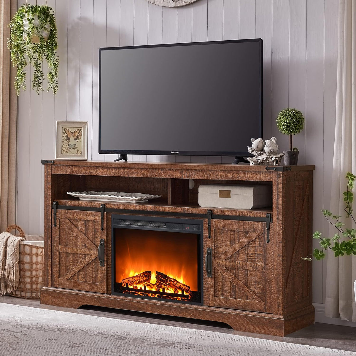 OKD Fireplace TV Stand for 65+ Inch TV, 33" Tall Highboy Farmhouse Entertainment Center w/ 23'' Electric Fireplace, Rustic Media Console w/Sliding Barn Door for Living Room, Antique White - Grand Goldman