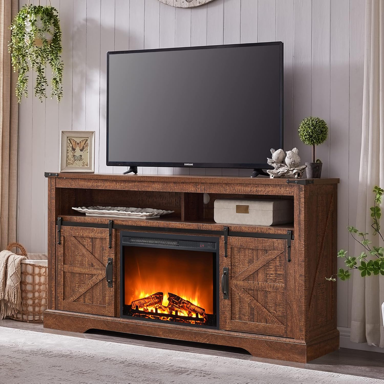 OKD Fireplace TV Stand for 65+ Inch TV, 33" Tall Highboy Farmhouse Entertainment Center w/ 23'' Electric Fireplace, Rustic Media Console w/Sliding Barn Door for Living Room, Antique White - Grand Goldman