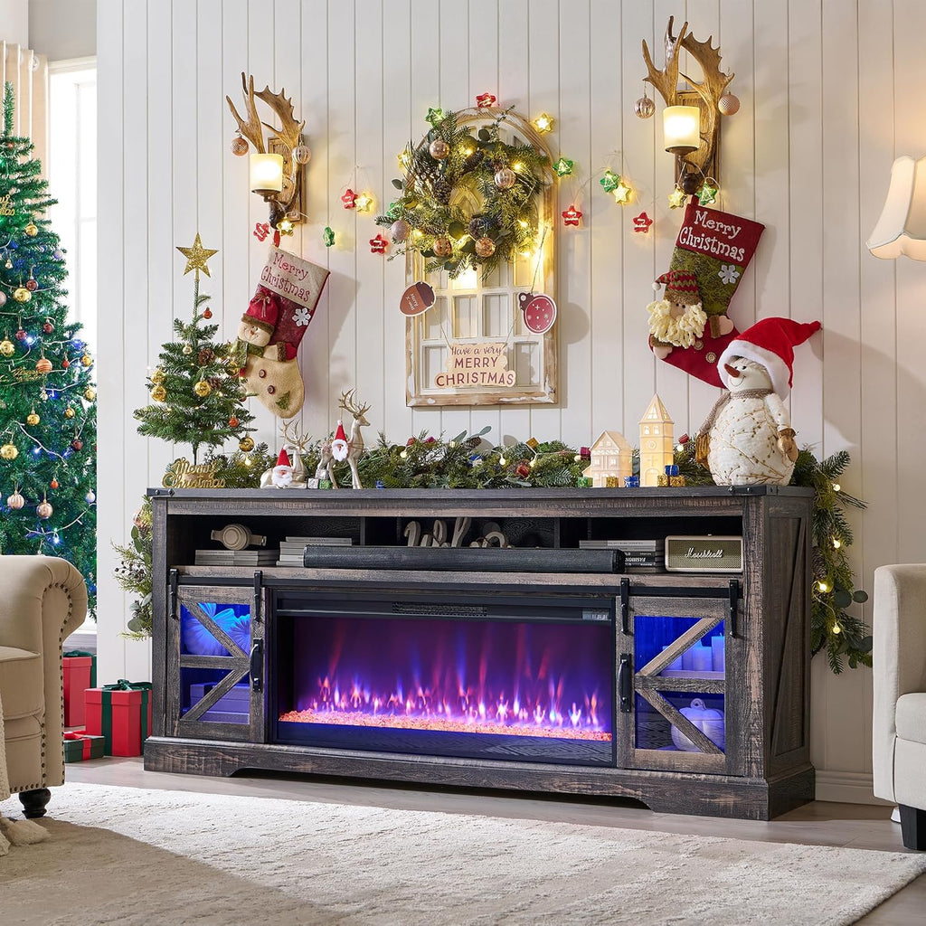 OKD Fireplace TV Stand for 65+ Inch TV, 33" Tall Highboy Farmhouse Entertainment Center w/ 23'' Electric Fireplace, Rustic Media Console w/Sliding Barn Door for Living Room, Antique White - Grand Goldman
