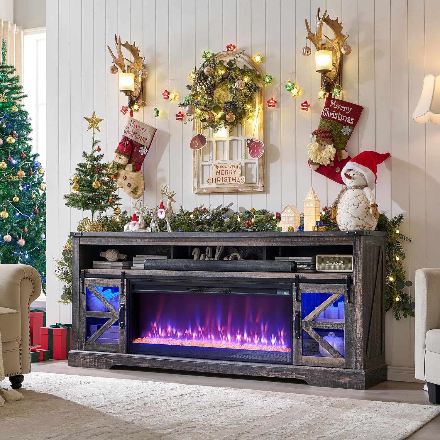 OKD Fireplace TV Stand for 65+ Inch TV, 33" Tall Highboy Farmhouse Entertainment Center w/ 23'' Electric Fireplace, Rustic Media Console w/Sliding Barn Door for Living Room, Antique White - Grand Goldman