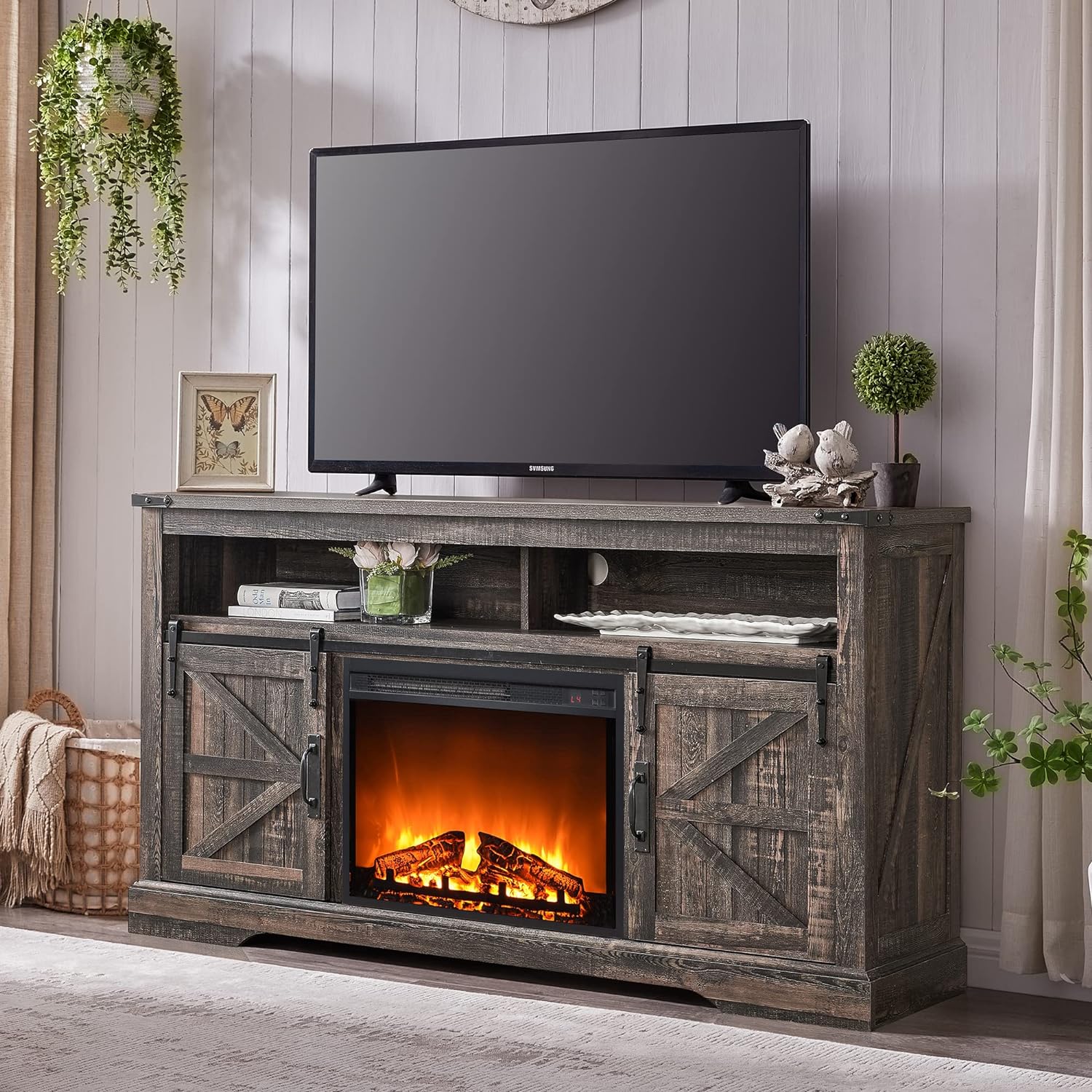 OKD Fireplace TV Stand for 65+ Inch TV, 33" Tall Highboy Farmhouse Entertainment Center w/ 23'' Electric Fireplace, Rustic Media Console w/Sliding Barn Door for Living Room, Antique White - Grand Goldman