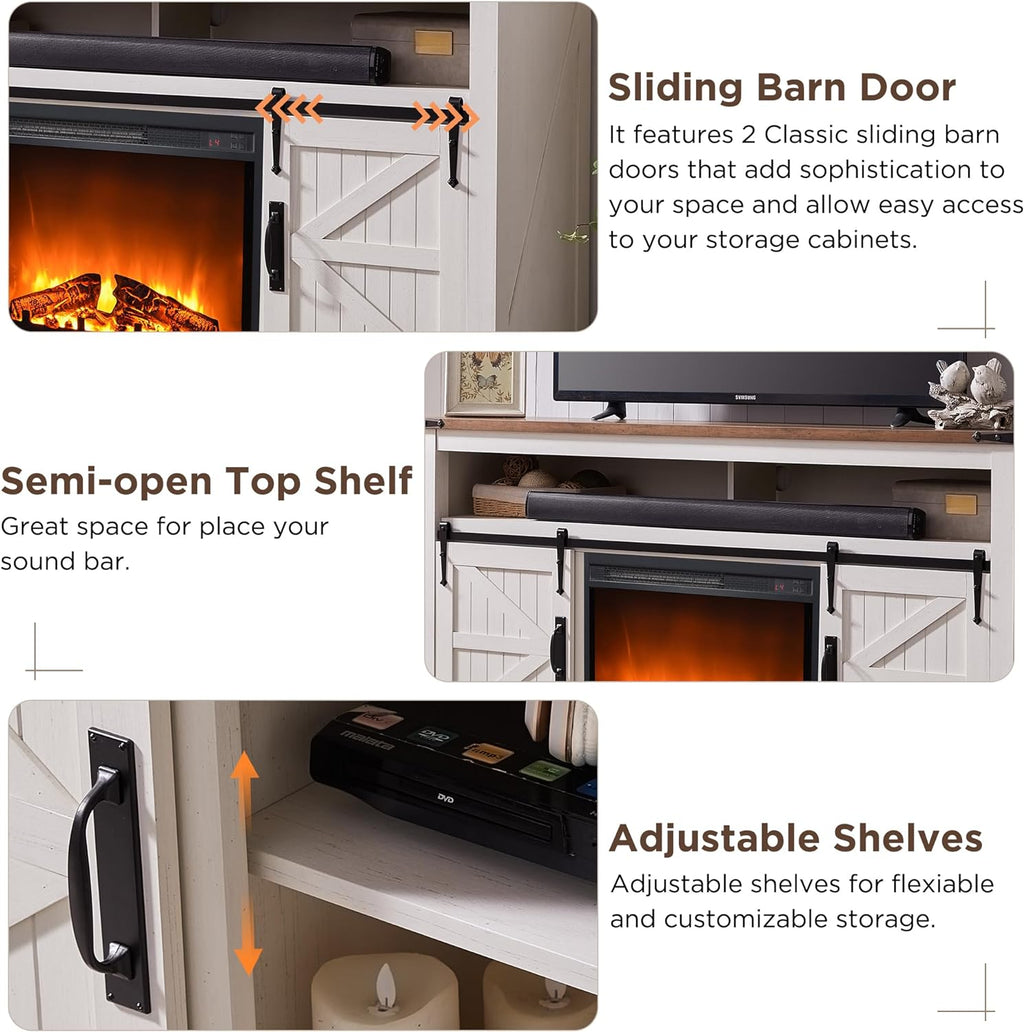OKD Fireplace TV Stand for 65+ Inch TV, 33" Tall Highboy Farmhouse Entertainment Center w/ 23'' Electric Fireplace, Rustic Media Console w/Sliding Barn Door for Living Room, Antique White - Grand Goldman