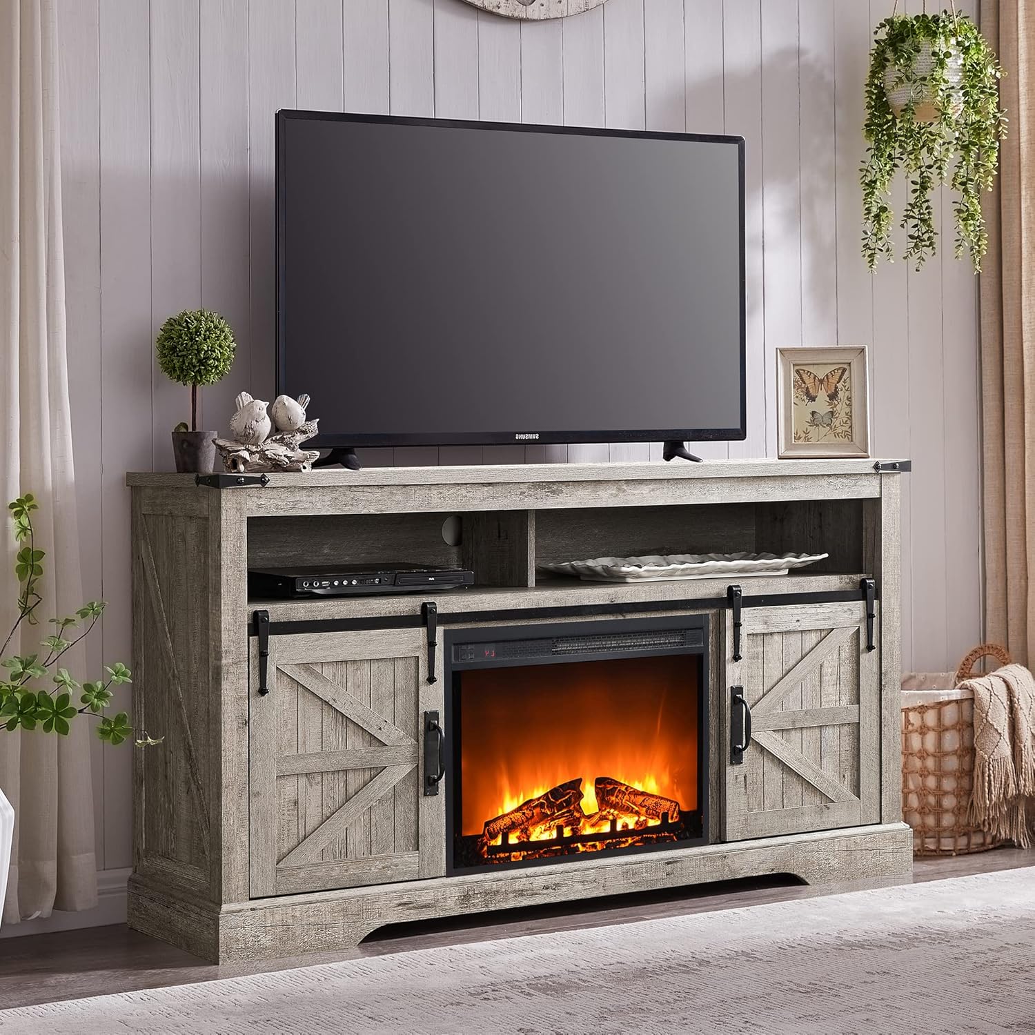 OKD Fireplace TV Stand for 65+ Inch TV, 33" Tall Highboy Farmhouse Entertainment Center w/ 23'' Electric Fireplace, Rustic Media Console w/Sliding Barn Door for Living Room, Antique White - Grand Goldman