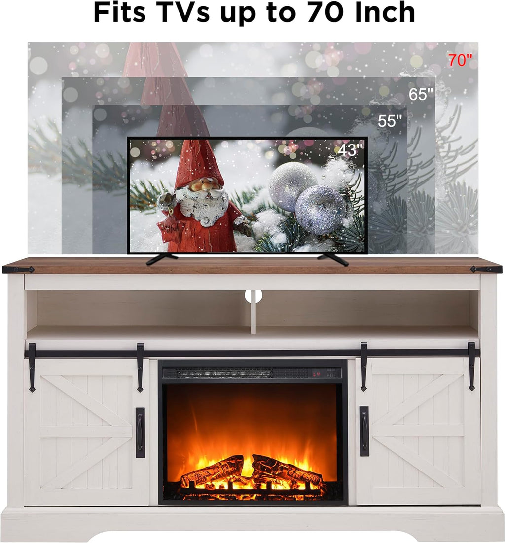 OKD Fireplace TV Stand for 65+ Inch TV, 33" Tall Highboy Farmhouse Entertainment Center w/ 23'' Electric Fireplace, Rustic Media Console w/Sliding Barn Door for Living Room, Antique White - Grand Goldman
