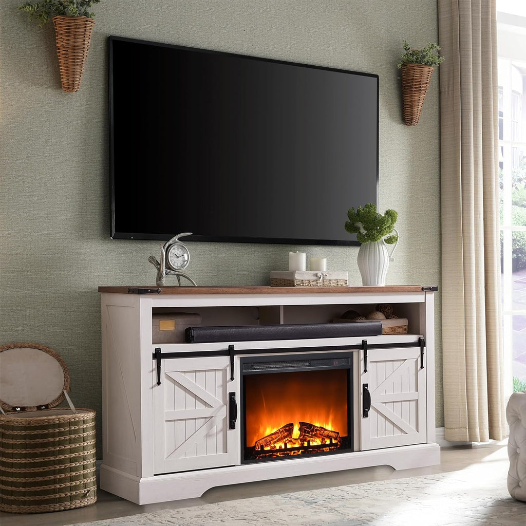 OKD Fireplace TV Stand for 65+ Inch TV, 33" Tall Highboy Farmhouse Entertainment Center w/ 23'' Electric Fireplace, Rustic Media Console w/Sliding Barn Door for Living Room, Antique White - Grand Goldman