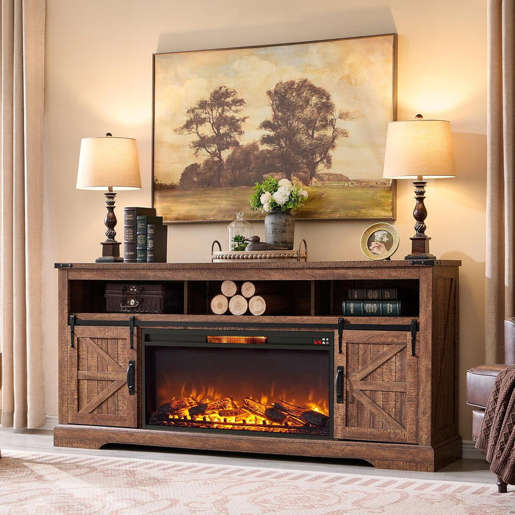 OKD Fireplace TV Stand for 65+ Inch TV, 33" Tall Highboy Farmhouse Entertainment Center w/ 23'' Electric Fireplace, Rustic Media Console w/Sliding Barn Door for Living Room, Antique White - Grand Goldman