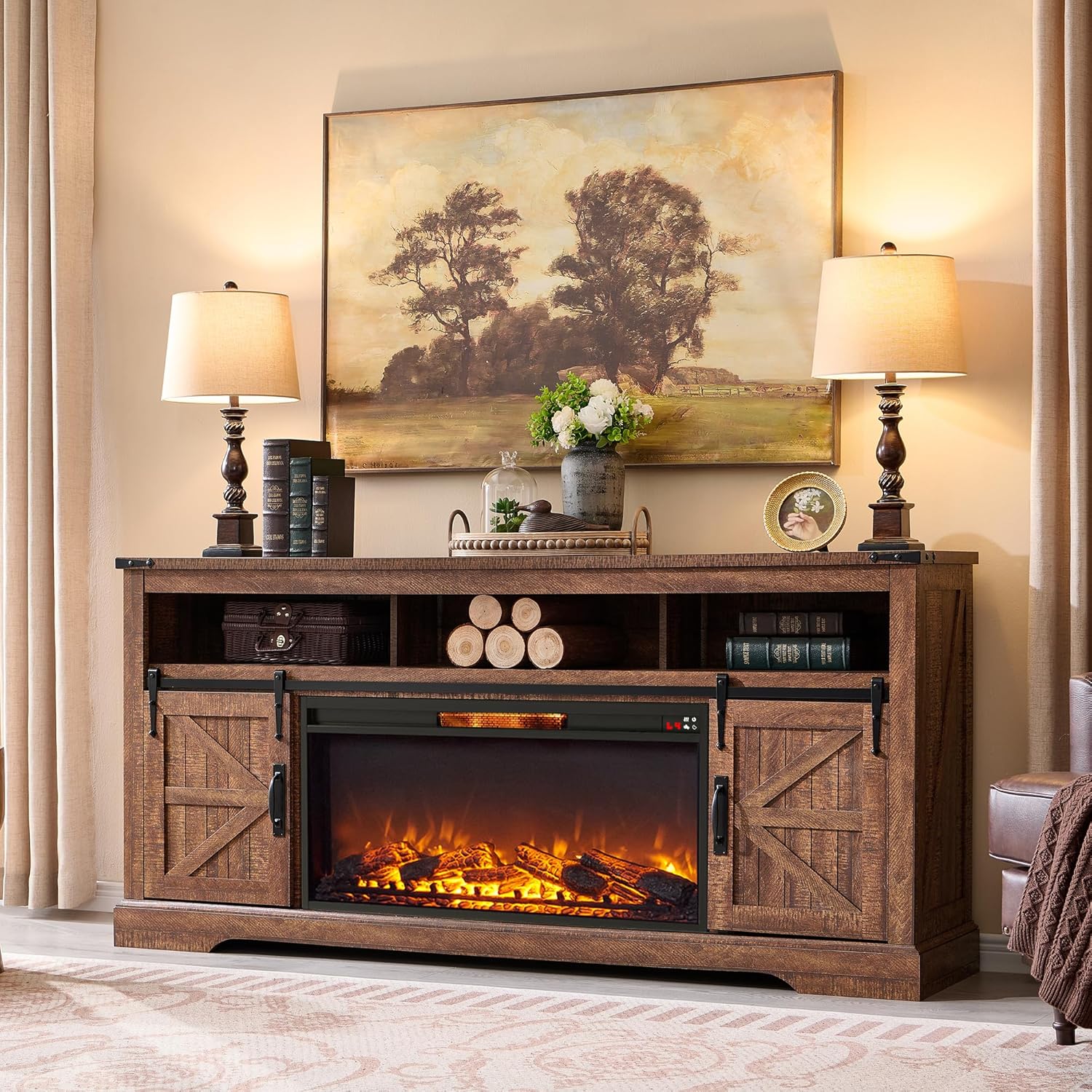 OKD Fireplace TV Stand for 65+ Inch TV, 33" Tall Highboy Farmhouse Entertainment Center w/ 23'' Electric Fireplace, Rustic Media Console w/Sliding Barn Door for Living Room, Antique White - Grand Goldman