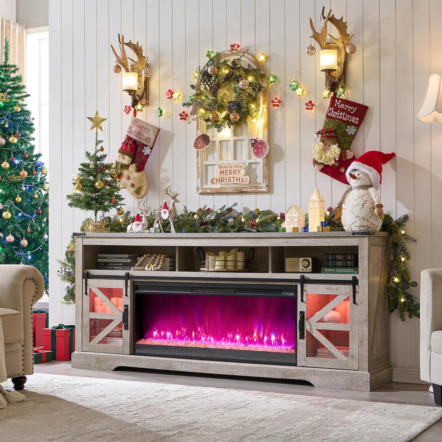 OKD Fireplace TV Stand for 65+ Inch TV, 33" Tall Highboy Farmhouse Entertainment Center w/ 23'' Electric Fireplace, Rustic Media Console w/Sliding Barn Door for Living Room, Antique White - Grand Goldman