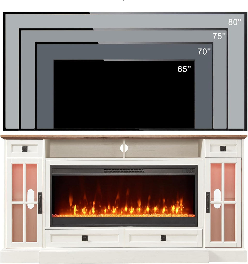 OKD Fireplace TV Stand for 80 Inch TV, Farmhouse Entertainment Center with 42" Fireplace & LED Lights, Modern Media Console Table with Storage Drawers & Cabinets for Living Room, Antique White - Grand Goldman
