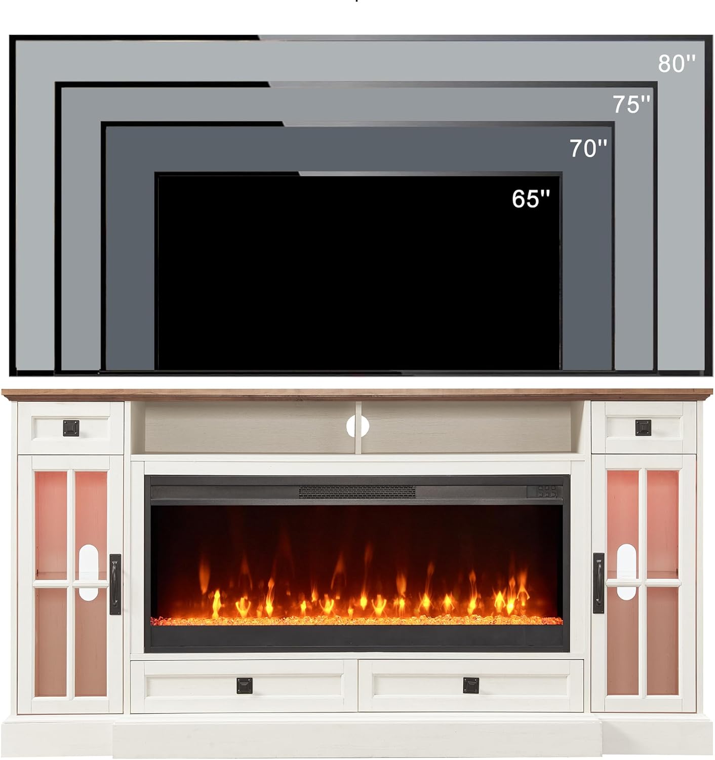 OKD Fireplace TV Stand for 80 Inch TV, Farmhouse Entertainment Center with 42" Fireplace & LED Lights, Modern Media Console Table with Storage Drawers & Cabinets for Living Room, Antique White - Grand Goldman