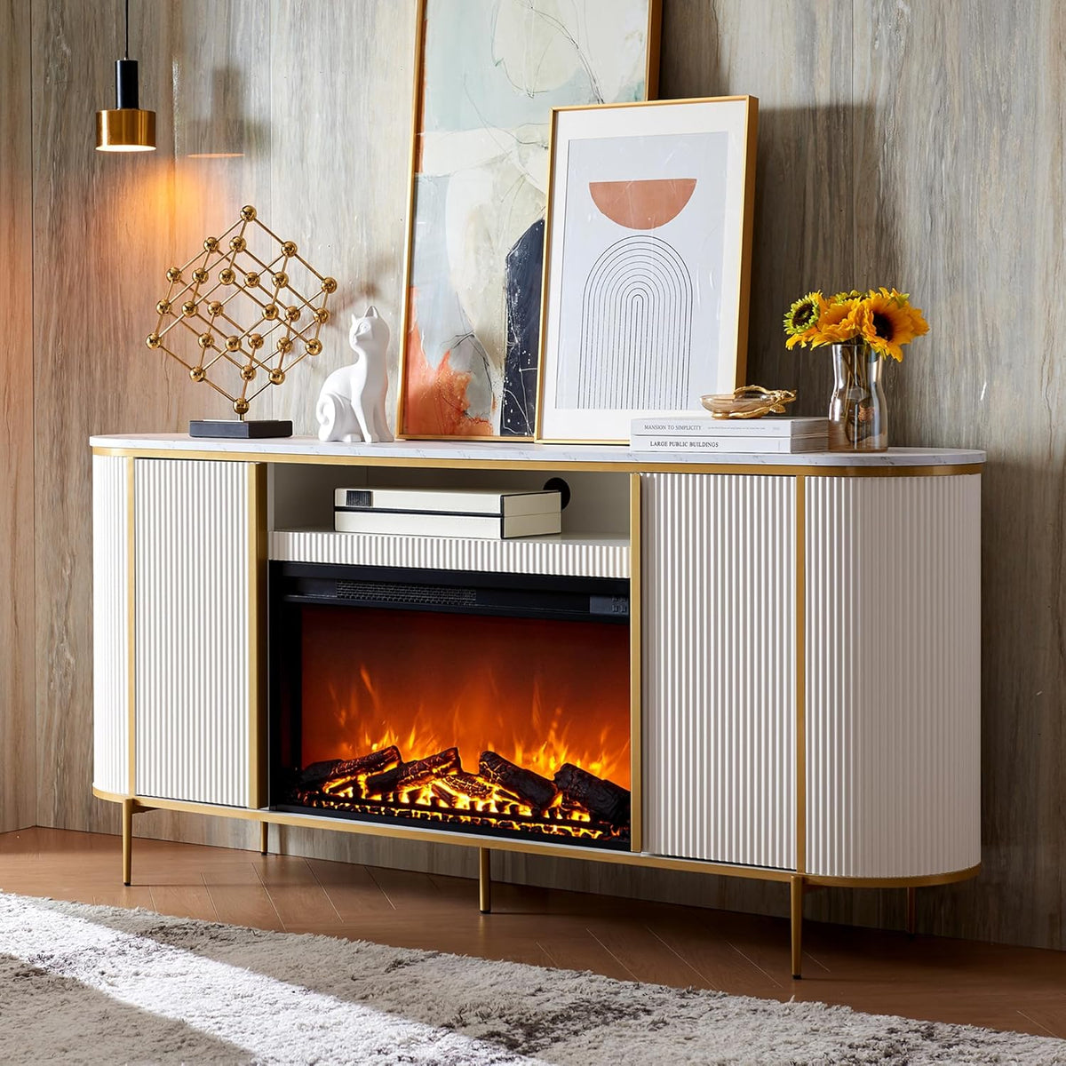 OKD Luxury 70" Fluted Fireplace TV Stand, Modern Chic Entertainment Center for TVs Up to 80 inches, TV Console with Faux Marble Top, Curved Profile Design, Media Console for Living Room, Natural Oak - Grand Goldman