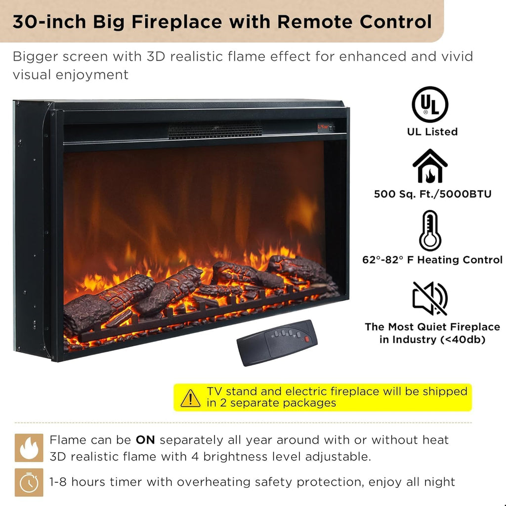 OKD Luxury 70" Fluted Fireplace TV Stand, Modern Chic Entertainment Center for TVs Up to 80 inches, TV Console with Faux Marble Top, Curved Profile Design, Media Console for Living Room, Natural Oak - Grand Goldman