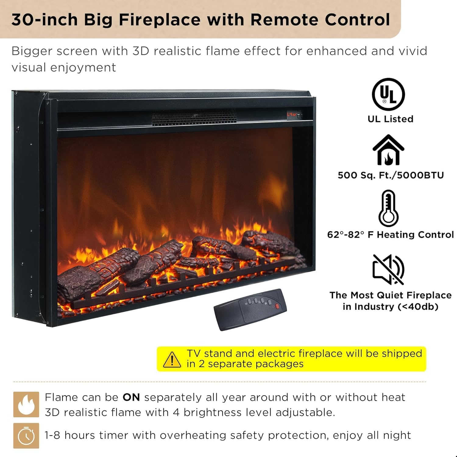 OKD Luxury 70" Fluted Fireplace TV Stand, Modern Chic Entertainment Center for TVs Up to 80 inches, TV Console with Faux Marble Top, Curved Profile Design, Media Console for Living Room, Natural Oak - Grand Goldman